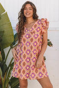 Geometric Floral V-Neck Button-Front Mini Dress
