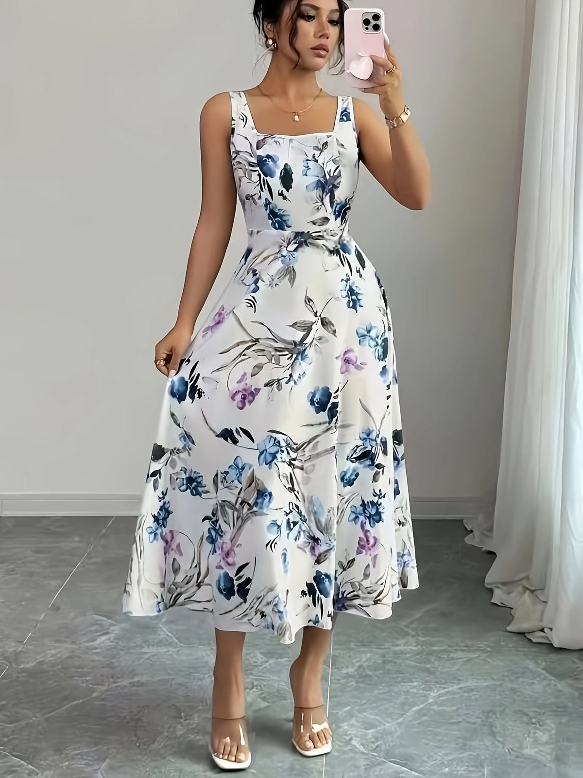 Elegant Floral A-Line Sleeveless Square Neck Long Dress