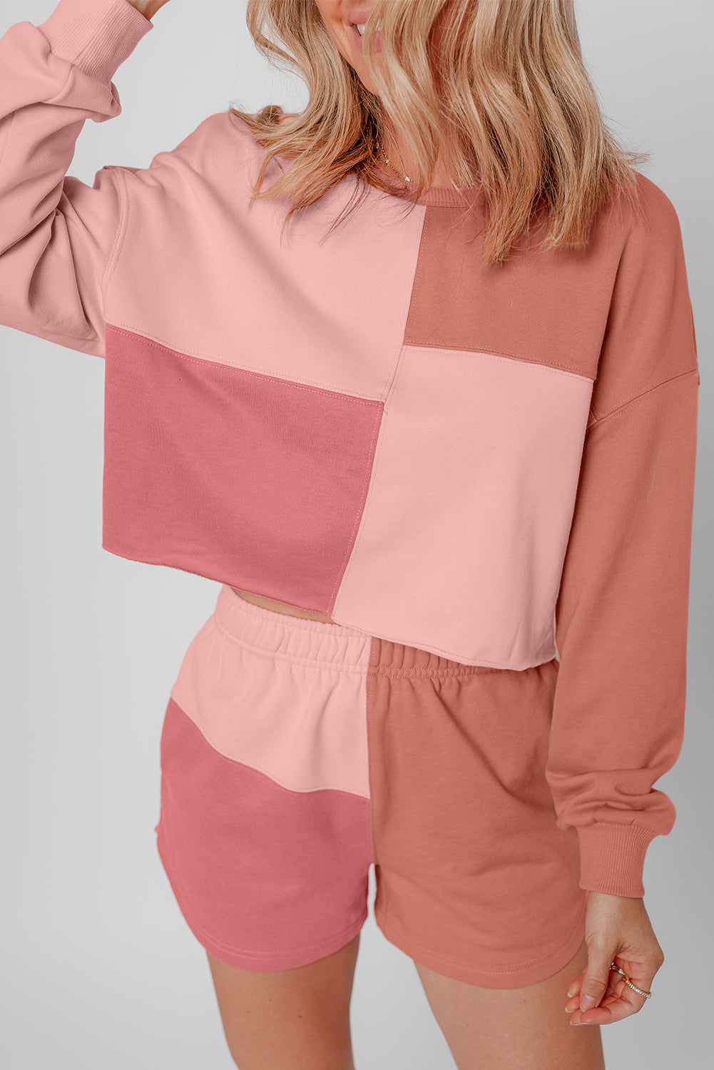 Peach Blossom Colorblock Patchwork Long Sleeve Shorts Set