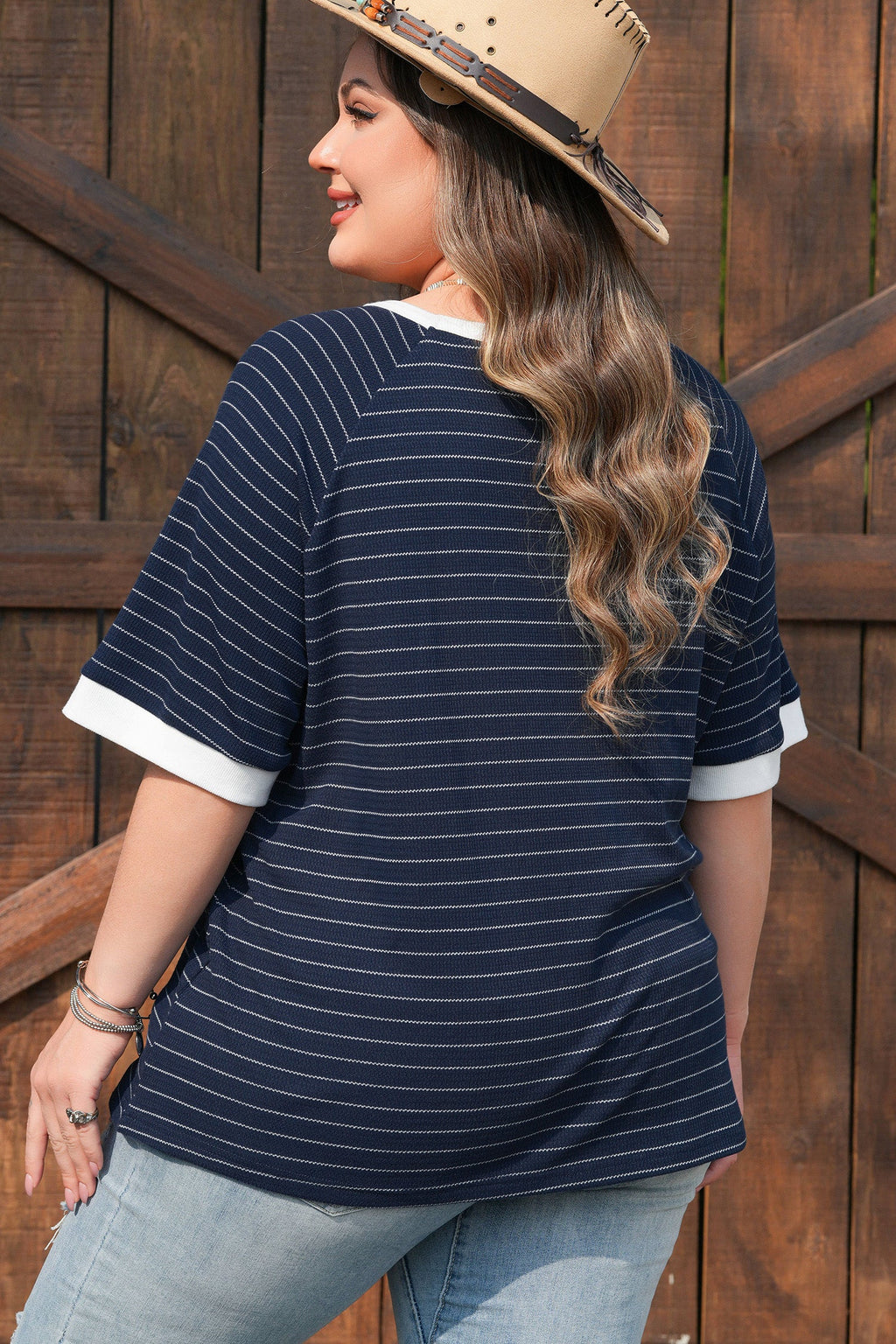 Plus Size Stripe Contrast Trim Ribbed T-Shirt