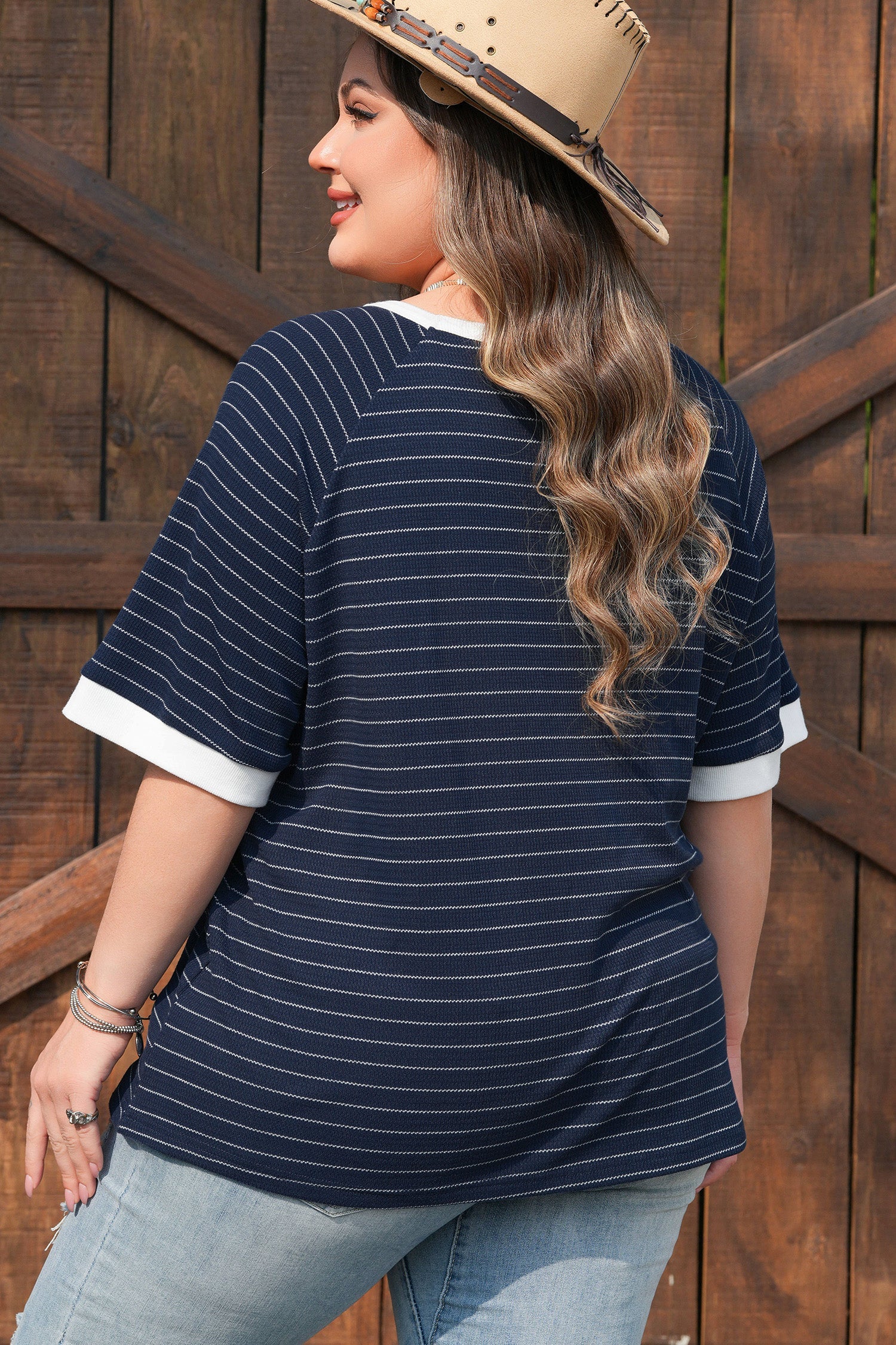 Plus Size Stripe Contrast Trim Ribbed T-Shirt