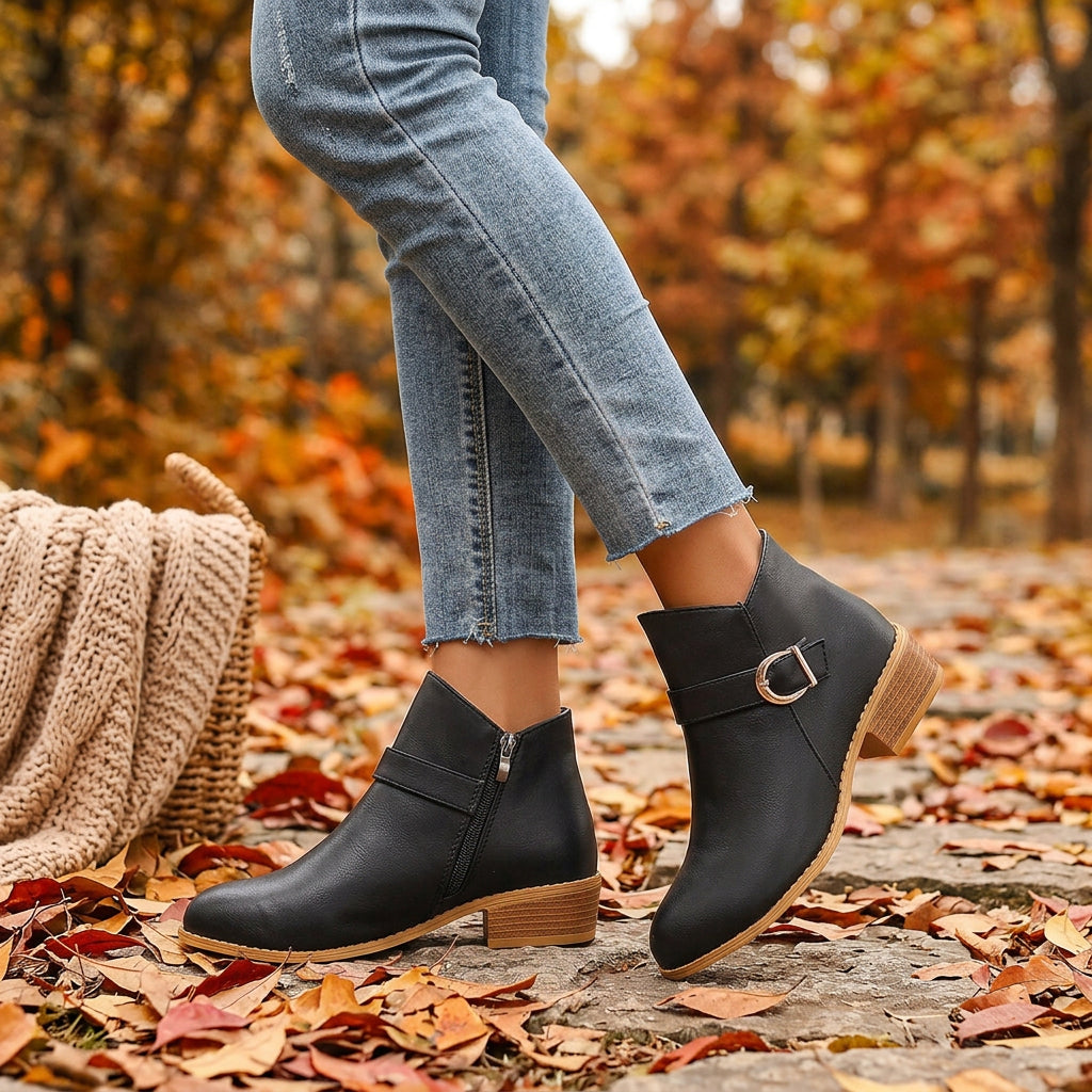 Women's Buckle-Strap Side-Zip Low Block-Heel Ankle Boots