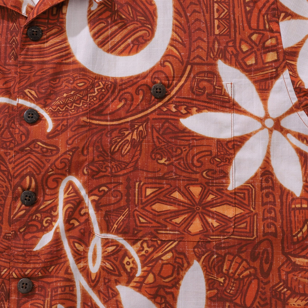 Red Hawaiian Tiki Print Shirt Men's Cotton Camp Collar Casual