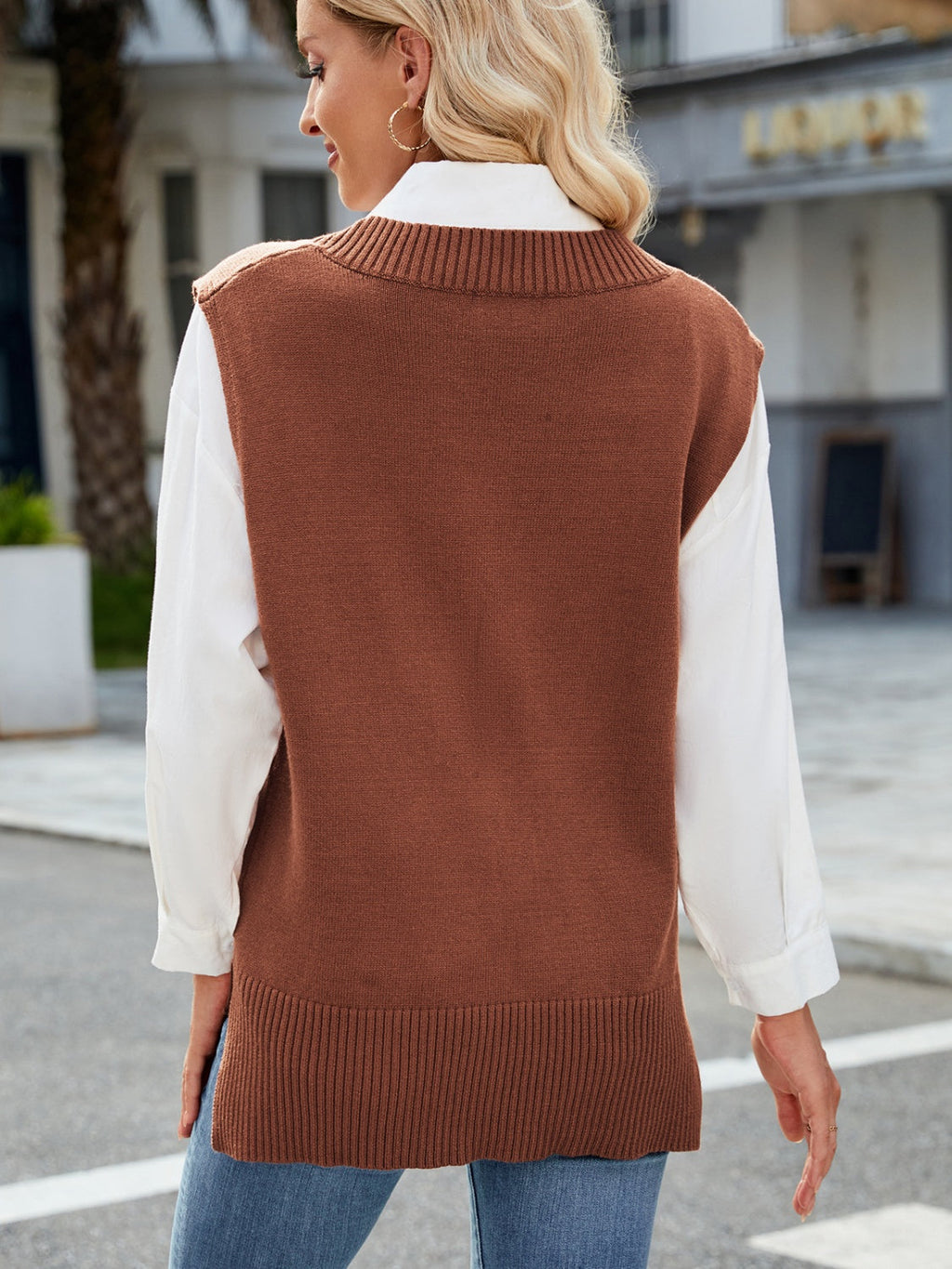 Brown V-Neck Sweater Vest with Side Slits - Image 4