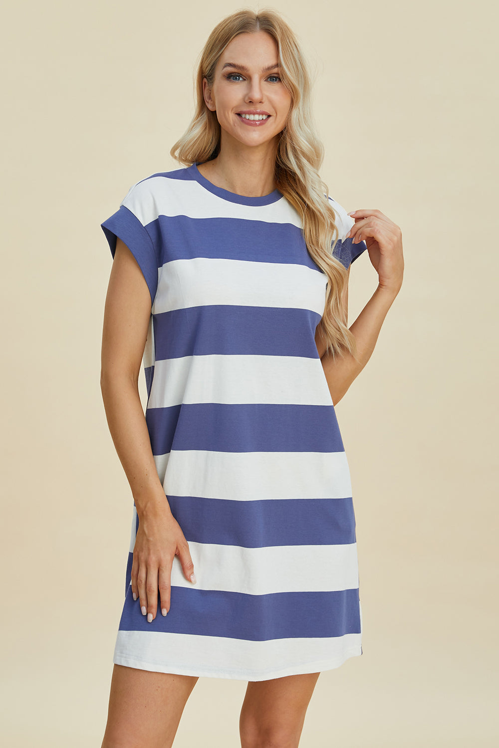 Striped Cotton Round Neck Cap Sleeve Mini Dress
