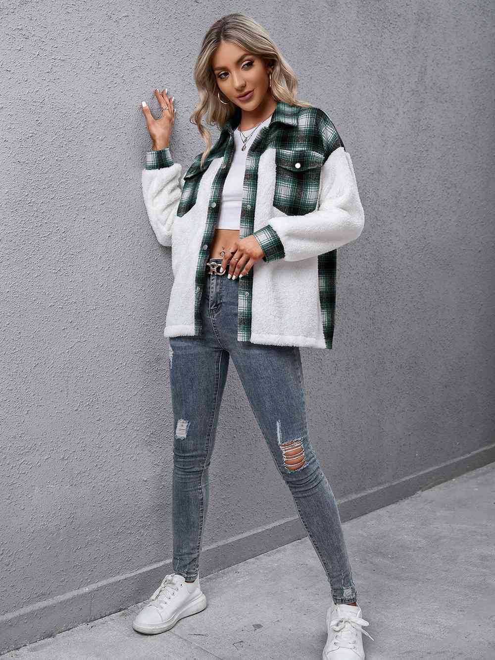 Modern Plaid Collared Button-Down Jacket for Women