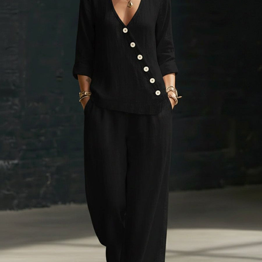 Women’s V-Neck Button-Detail Shirt and Wide-Leg Pants Set
