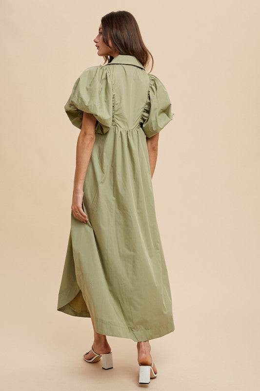 Trendy Smocked Puff Sleeve Midi Dress for Women