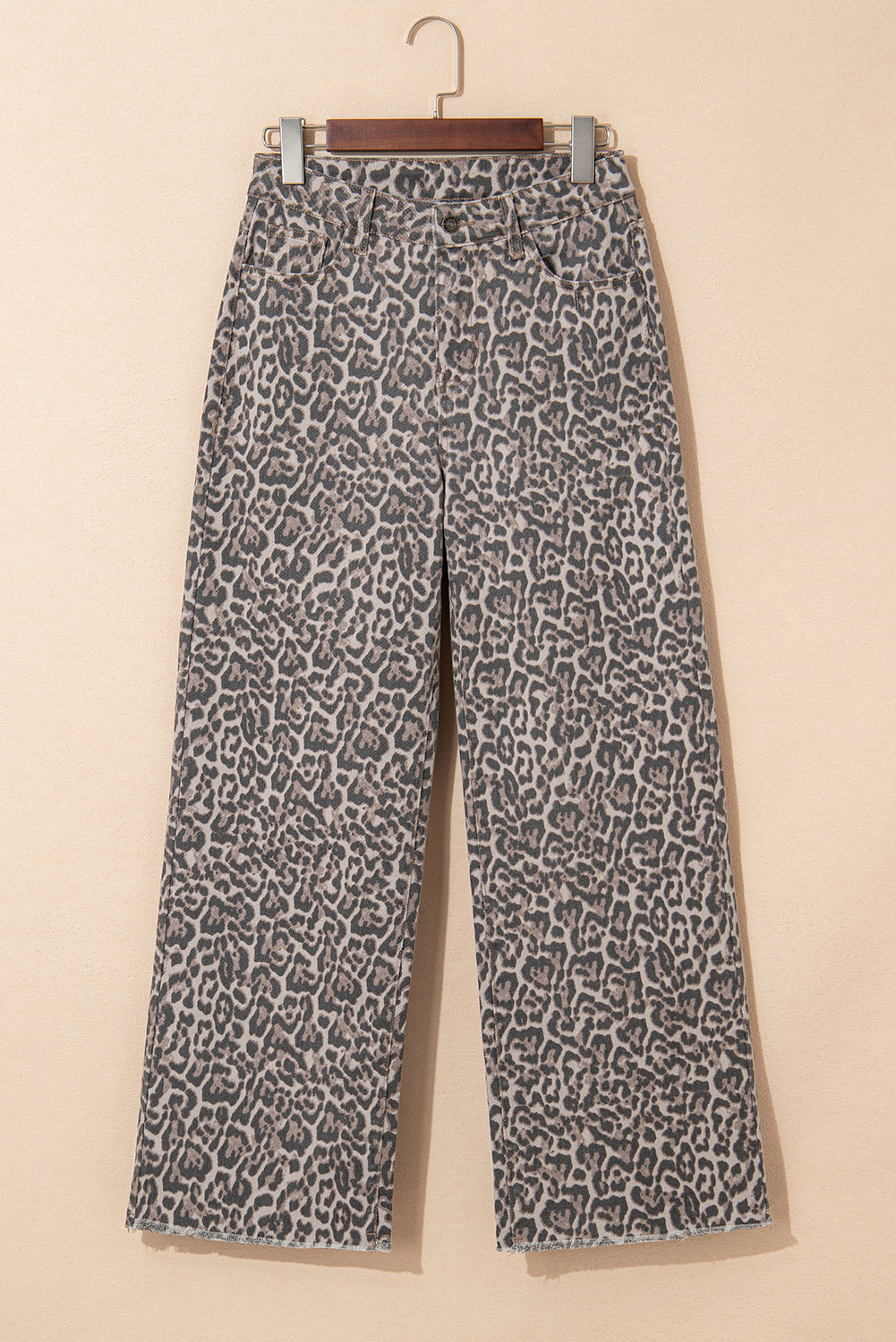 Gray Leopard Frayed Edge Wide Leg High Waist Jeans