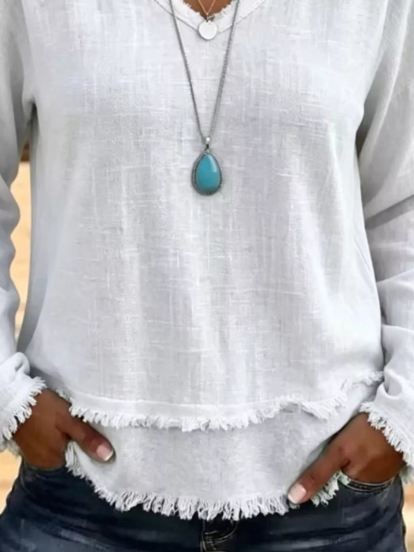 V-Neck Frayed Hem Long Sleeve T-Shirt