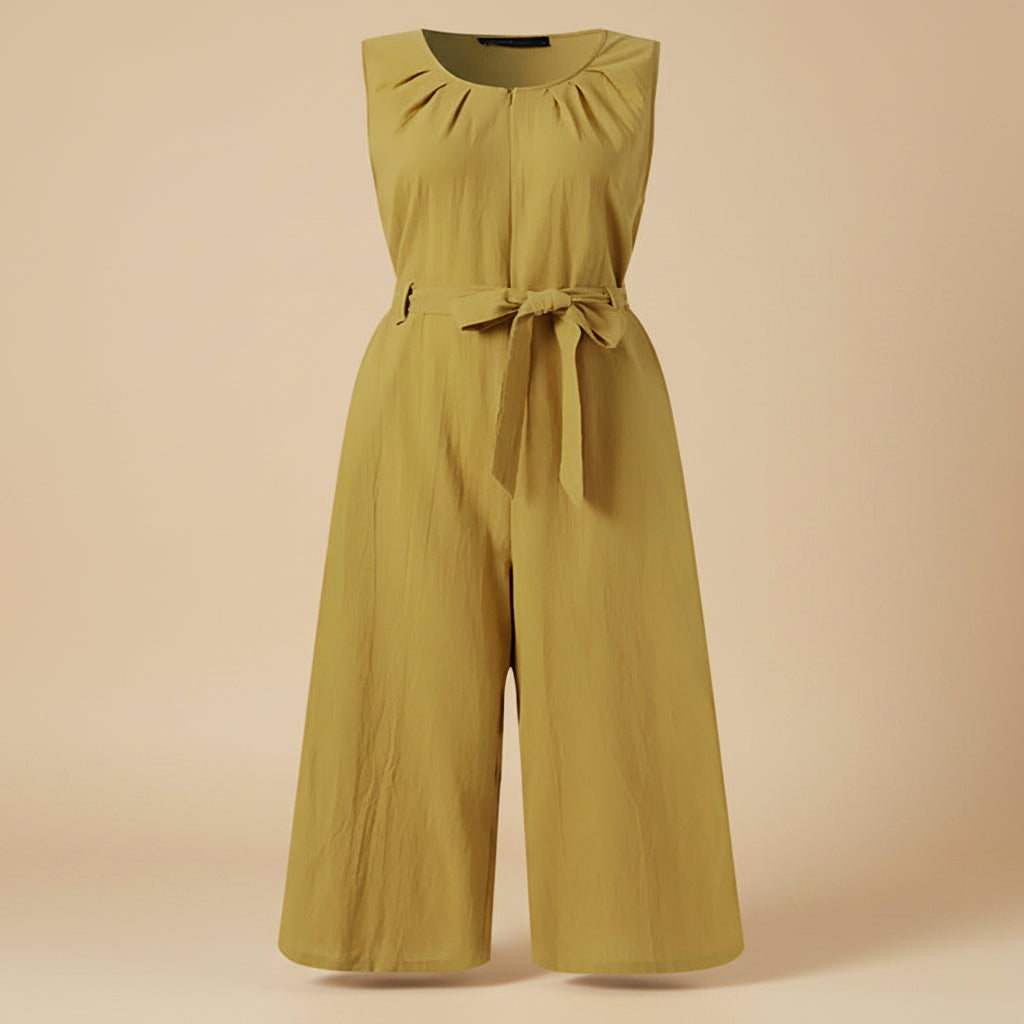 Women's Sleeveless Cotton Tie-Waist Jumpsuit Wide Leg