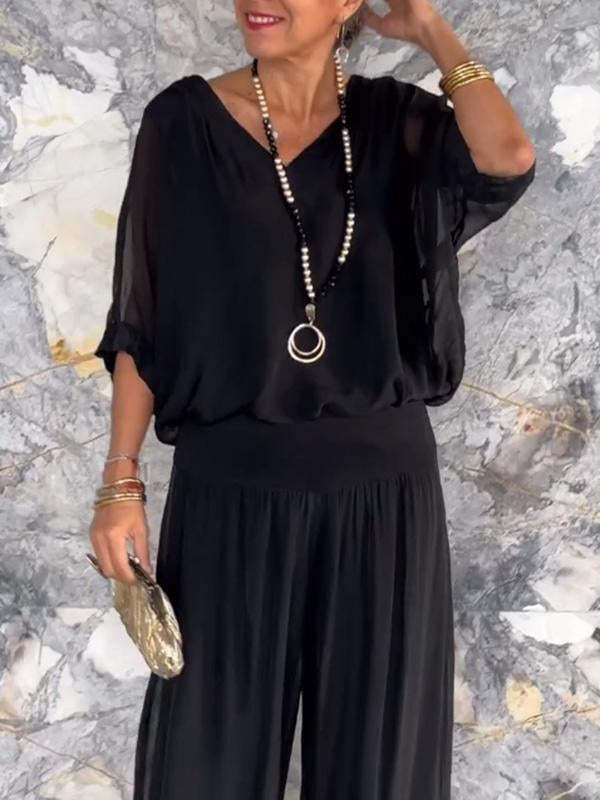 Solid Color Chiffon Two-Piece Set with V-Neck Top and Trousers - Image 6