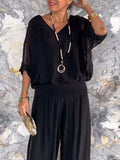 Solid Color Chiffon Two-Piece Set with V-Neck Top and Trousers - Image 6