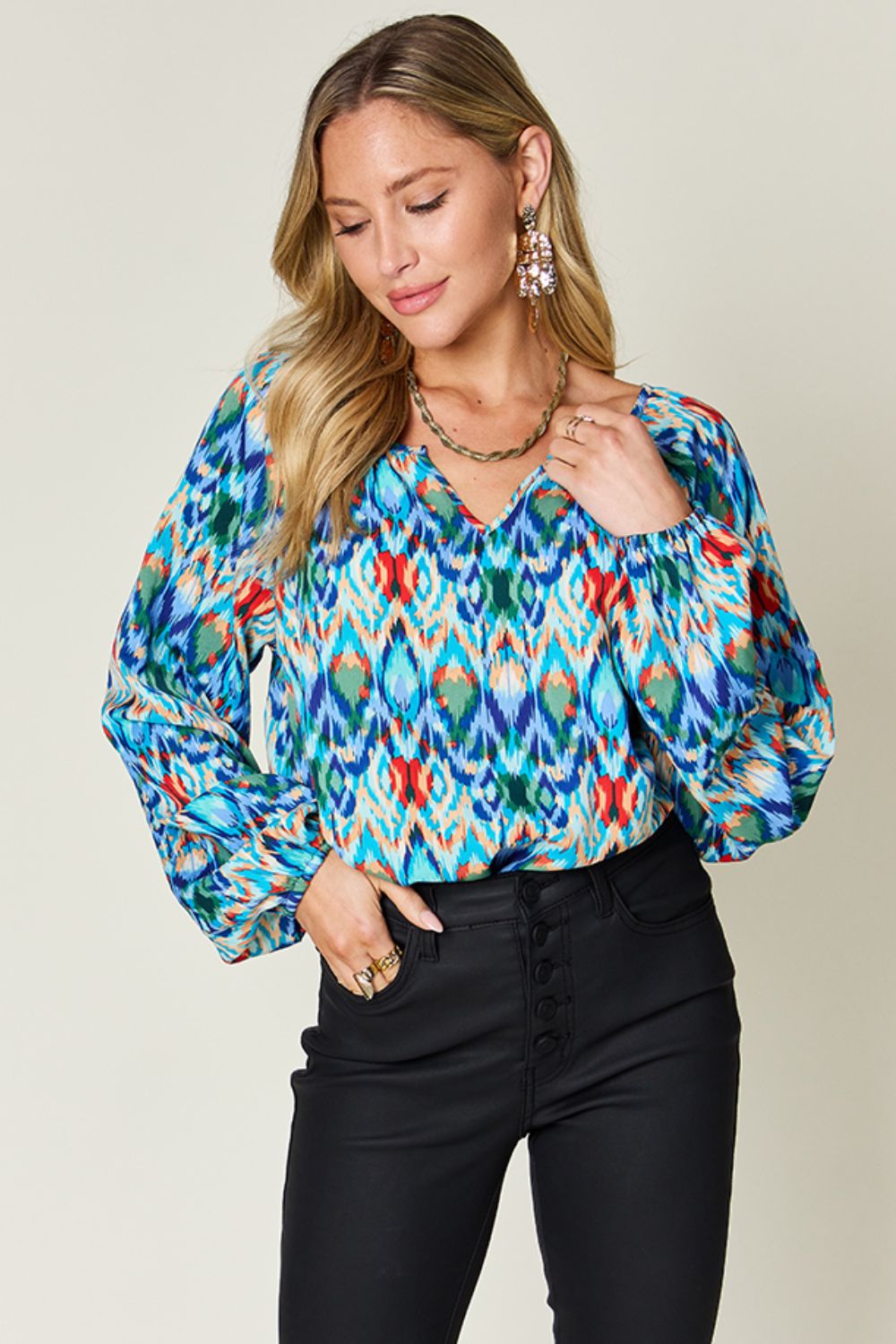 Opaque Printed Balloon Sleeve Top