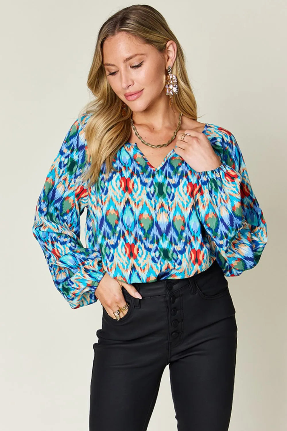 Printed Balloon Sleeve Blouse | Geometric V-Neck Chiffon Top