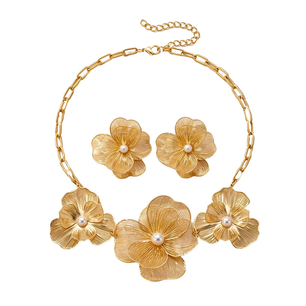 Women Wire Mesh Floral Faux Pearl 2Pcs Jewelry Set, Paperclip Chain Necklace Large Flower Stud Earrings PVD Gold Plated For Wedding Party Gift