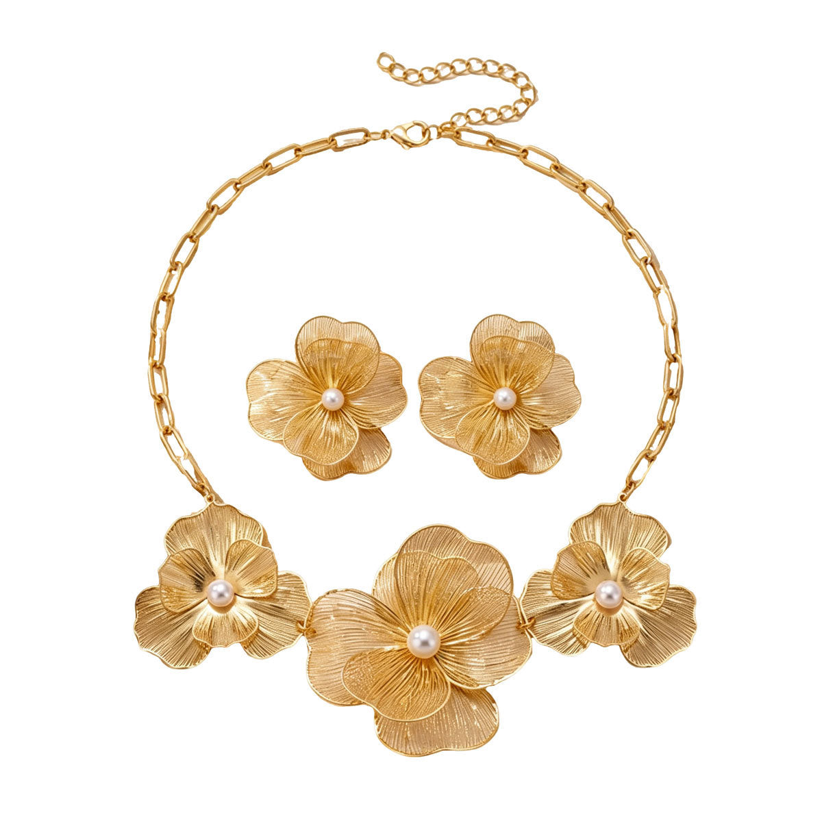 Women Wire Mesh Floral Faux Pearl 2Pcs Jewelry Set, Paperclip Chain Necklace Large Flower Stud Earrings PVD Gold Plated For Wedding Party Gift