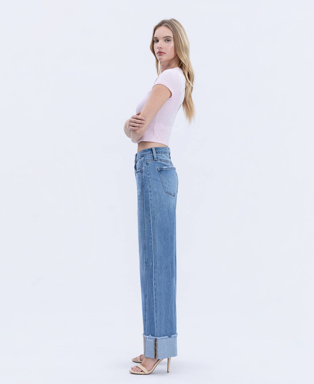 Mia High Rise Cuffed Wide Leg Jeans in Medium Wash Blue Denim