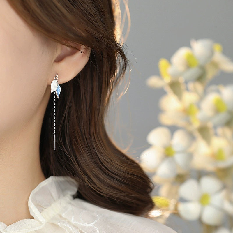 Womens Leaf-shaped Tassel Long Earrings