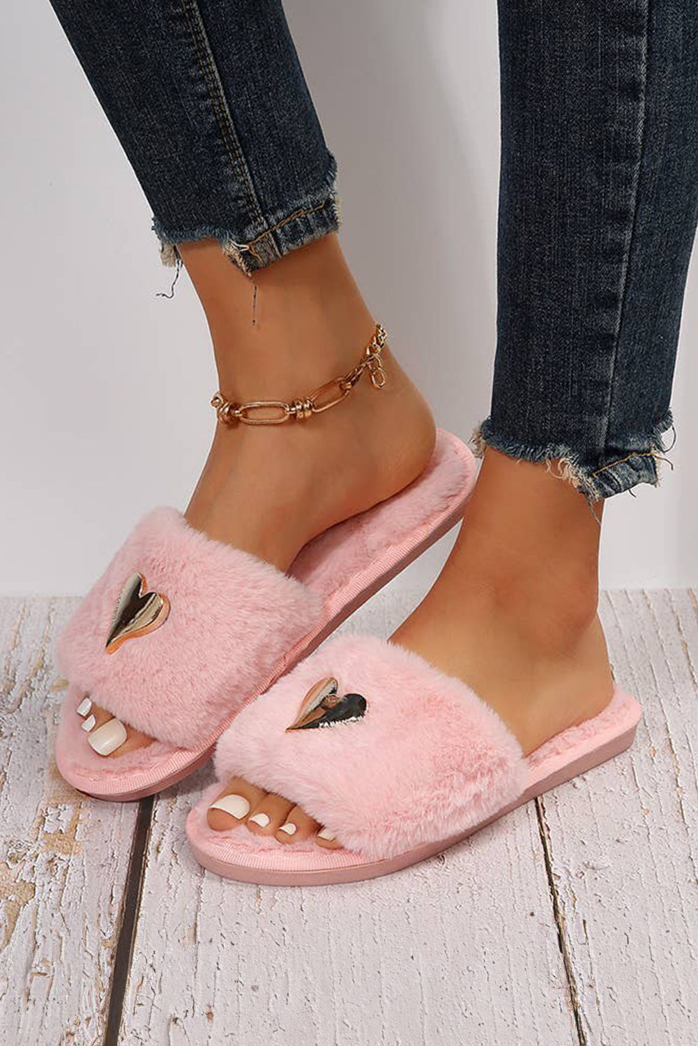 Parchment Heart Buckle Open Toe Plush Slippers