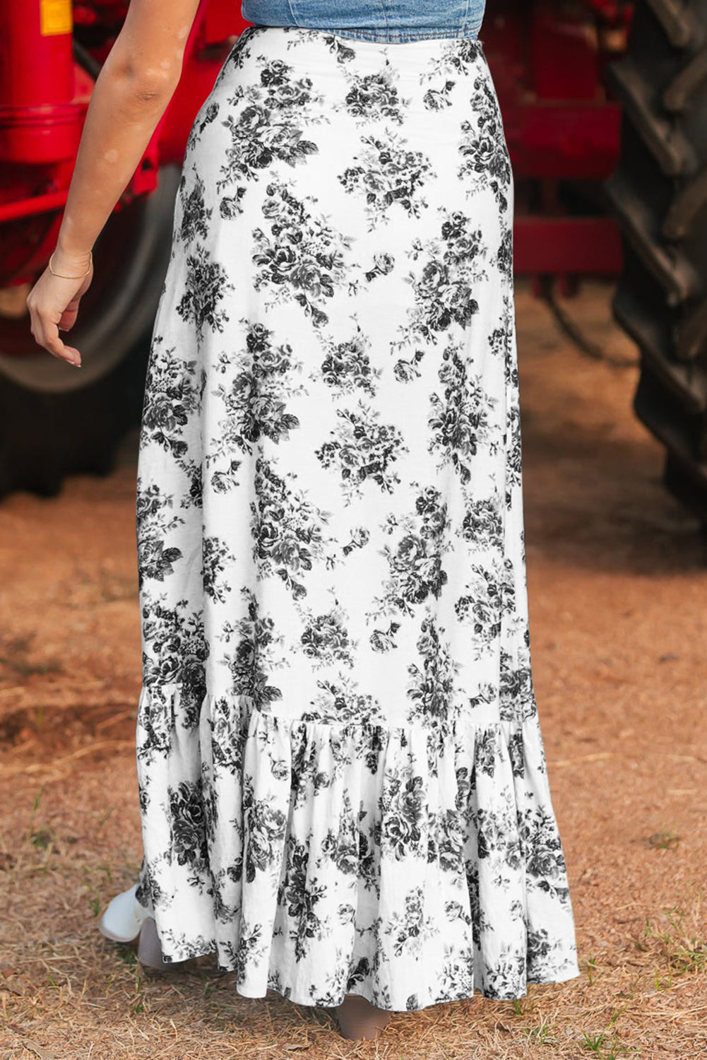 Black Boho Floral High Waist Ruffle Split Maxi Skirt