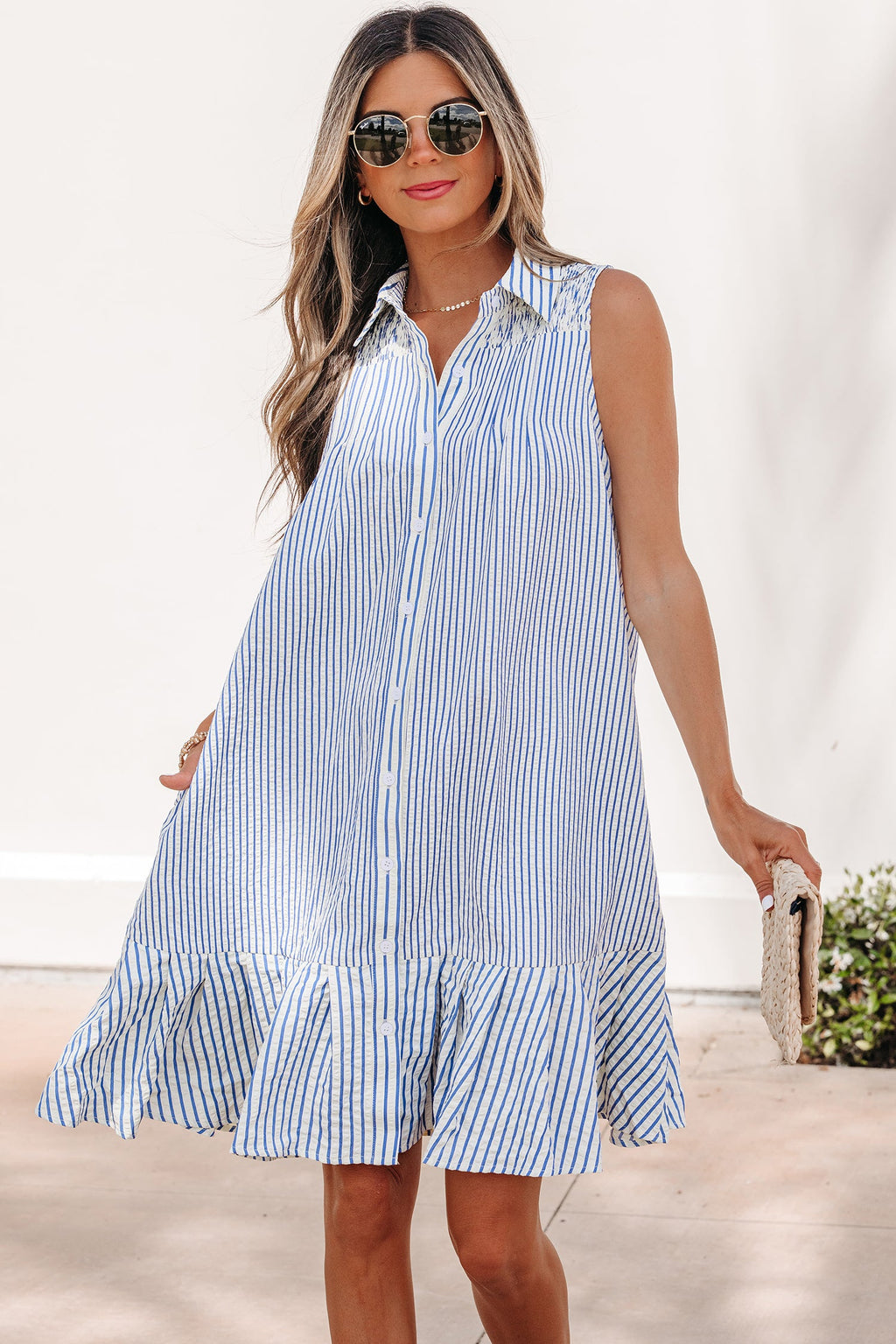 Noa Stripe Dress: Sleeveless Collared A-Line Mini in Blue/White