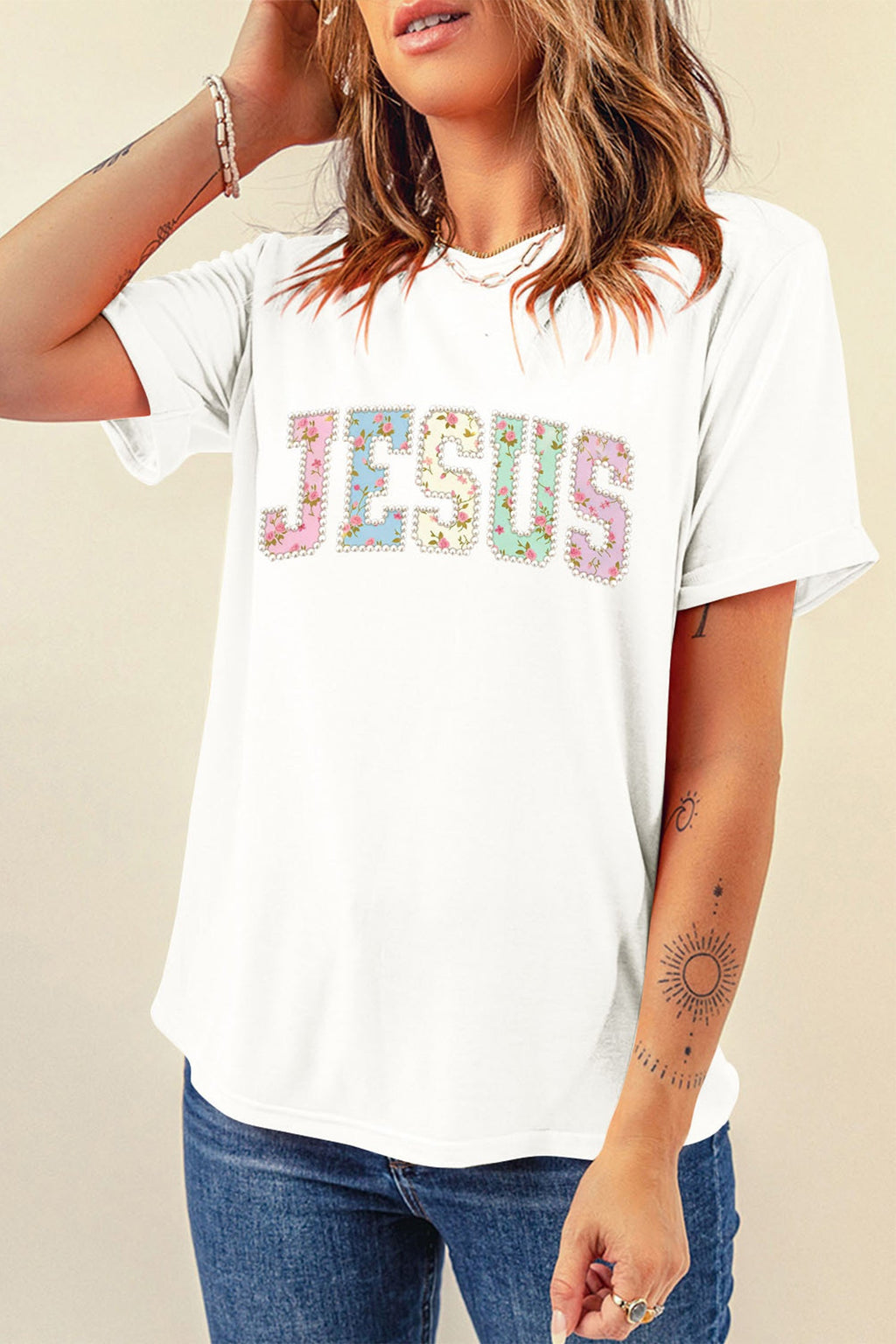 White JESUS Floral Pearl Printed Letter Graphic Tee