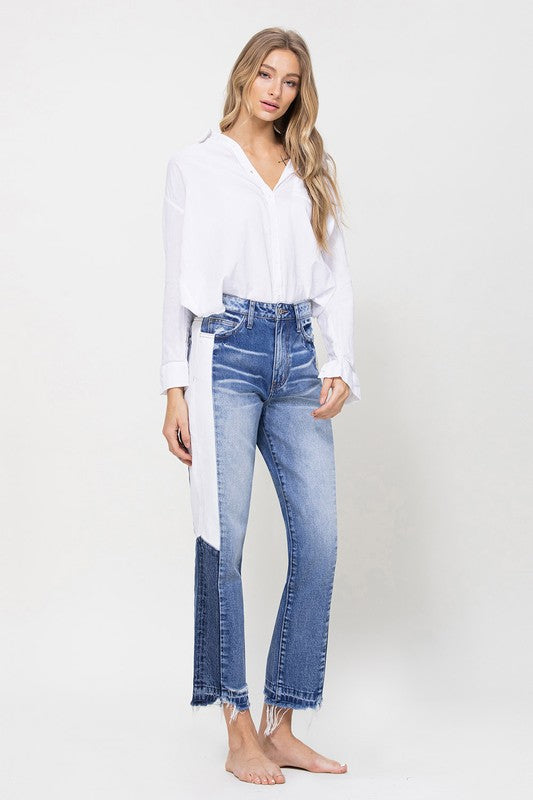 Super High Rise Straight Jeans with Side Blocking Panel