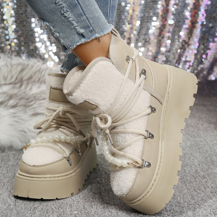 Platform Snow Boots | Faux Shearling Lace-Up Winter Boots with Pearl Chain
