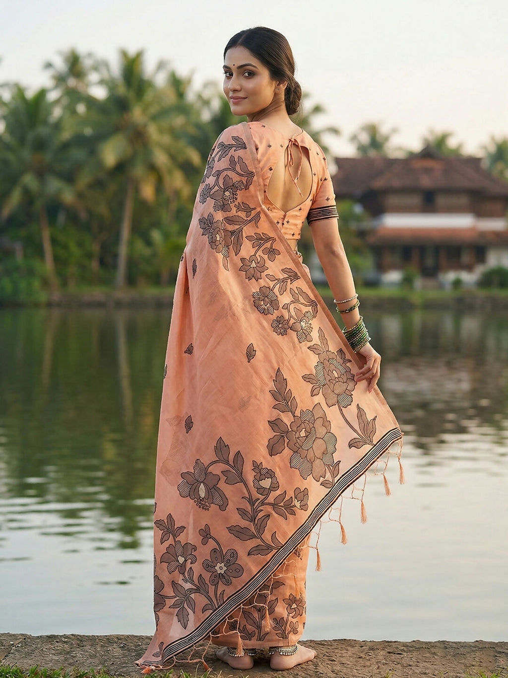 Orange Linen Cotton Saree with Matching Blouse