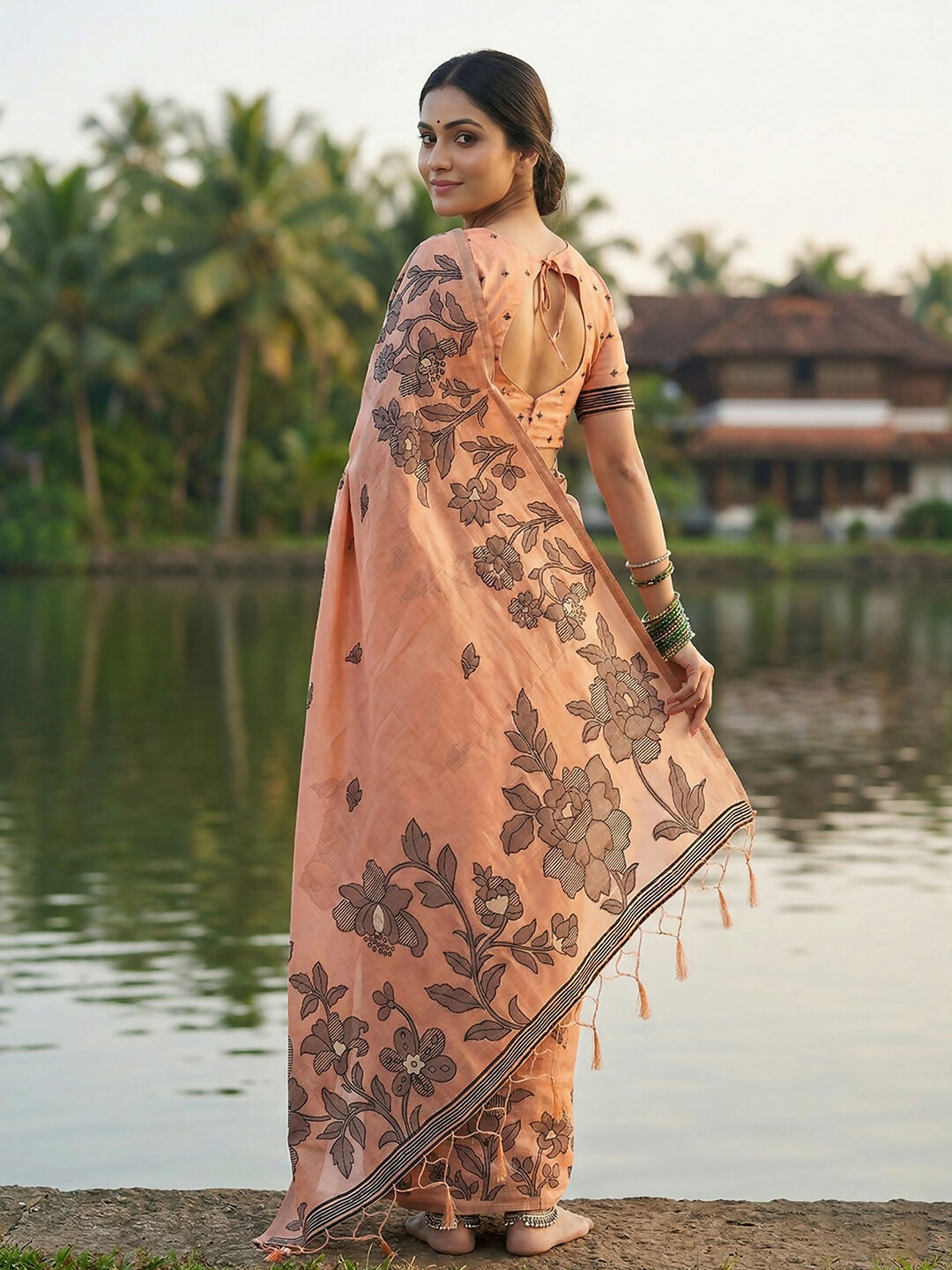 Orange Linen Cotton Saree with Matching Blouse