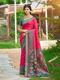 Red soft silk saree with a contrast gray blouse piece