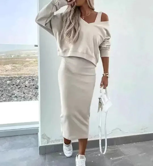 Women's V-Neck Long Sleeve Sweater Top and Midi Skirt Set - Image 36