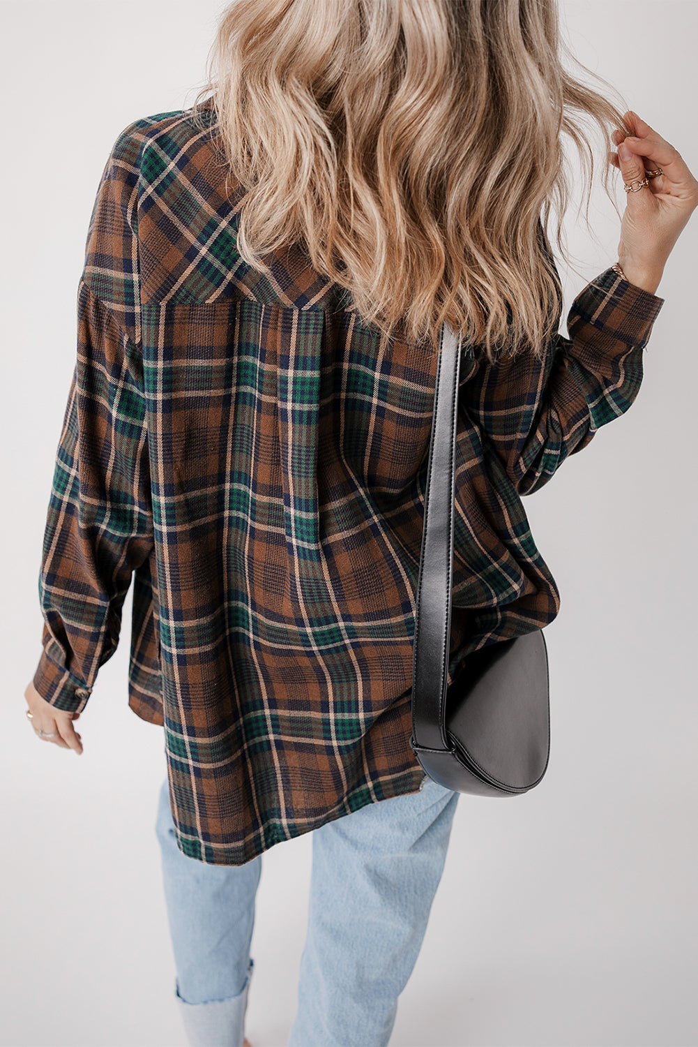 Women's Brown Plaid Button-Up Shacket with Chest Flap Pockets - Image 2