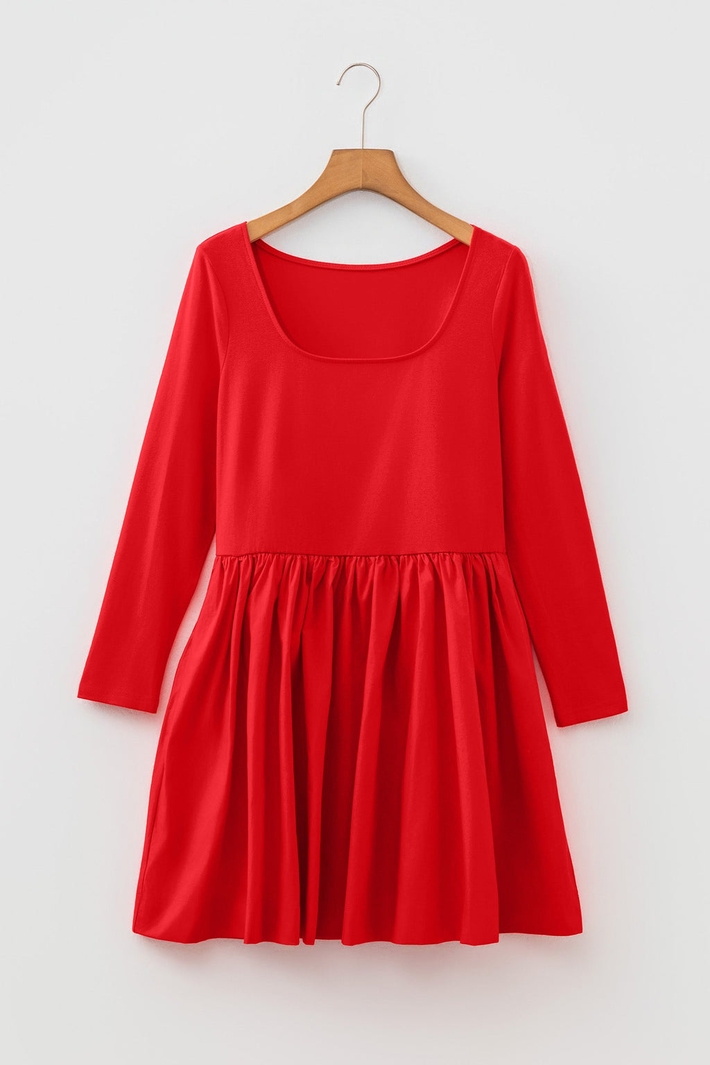 Fiery Red U Neck Long Sleeve Fit and Flare Short Dress