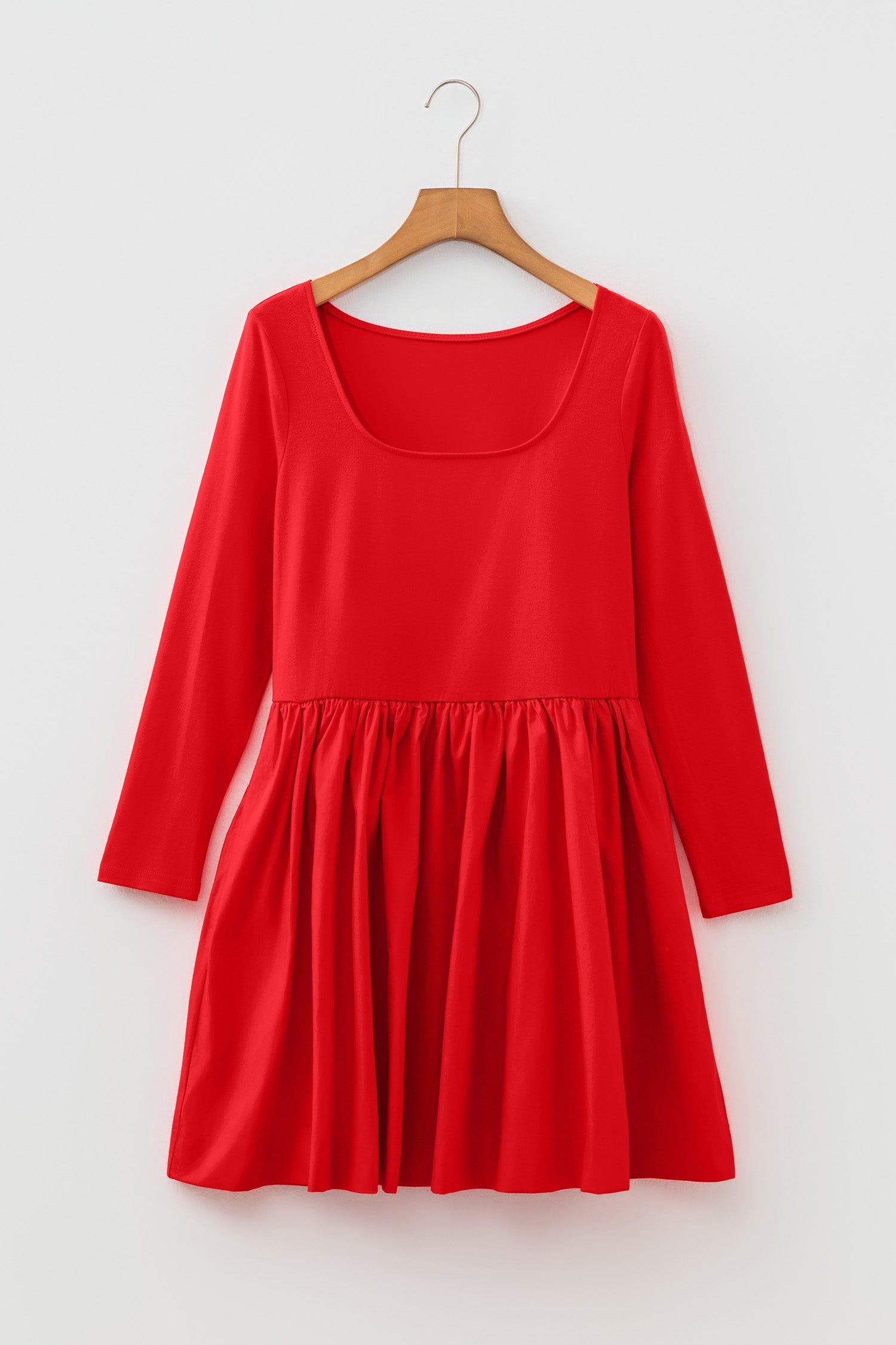 Fiery Red U Neck Long Sleeve Fit and Flare Short Dress
