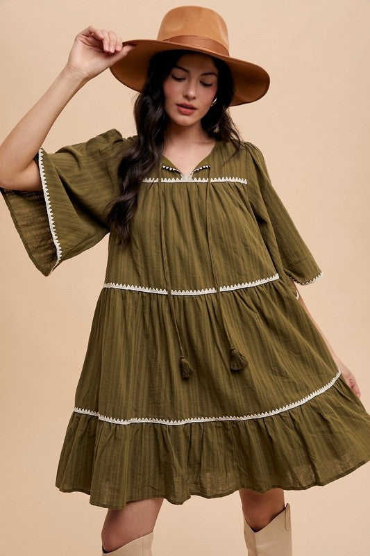 Bohemian Tassel Trim Tiered Midi Dress with Tie Neck