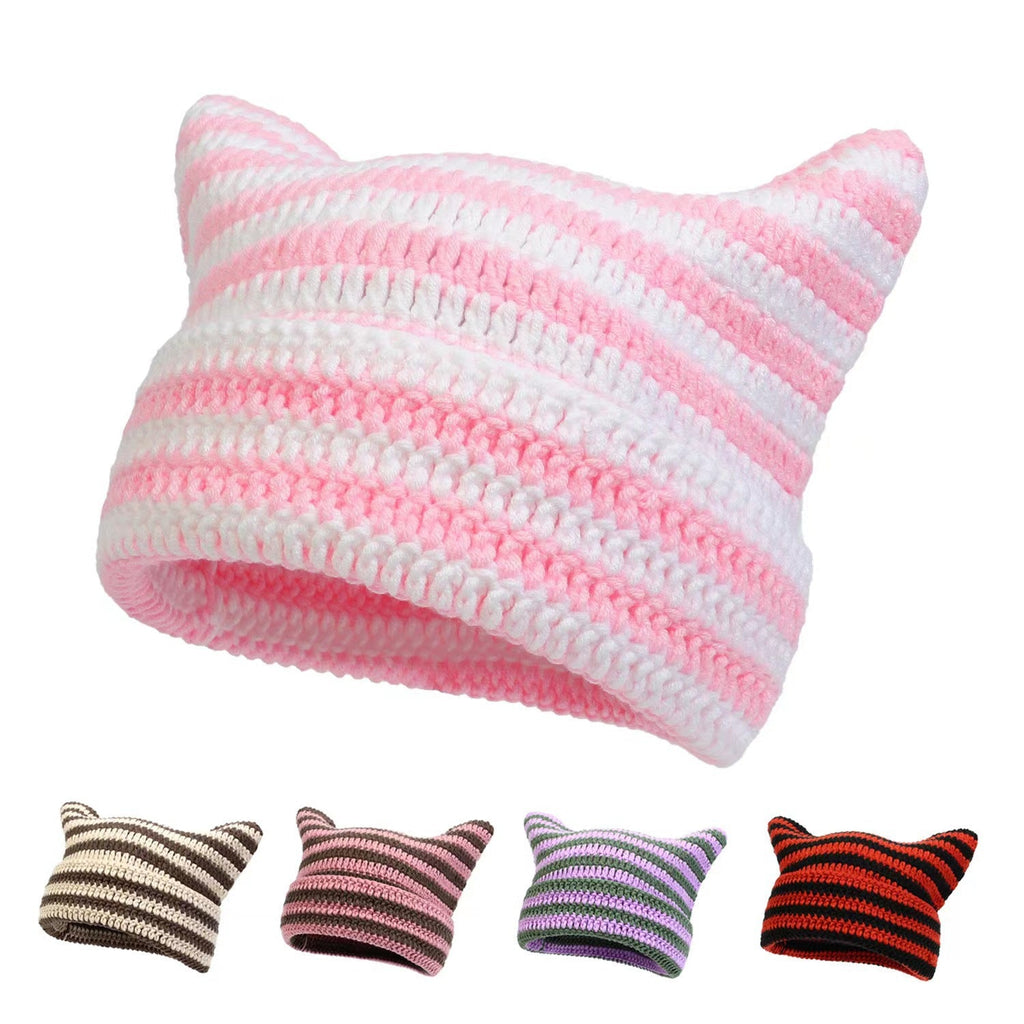 Women's Hand Knitted Striped Cat Beanie Hat
