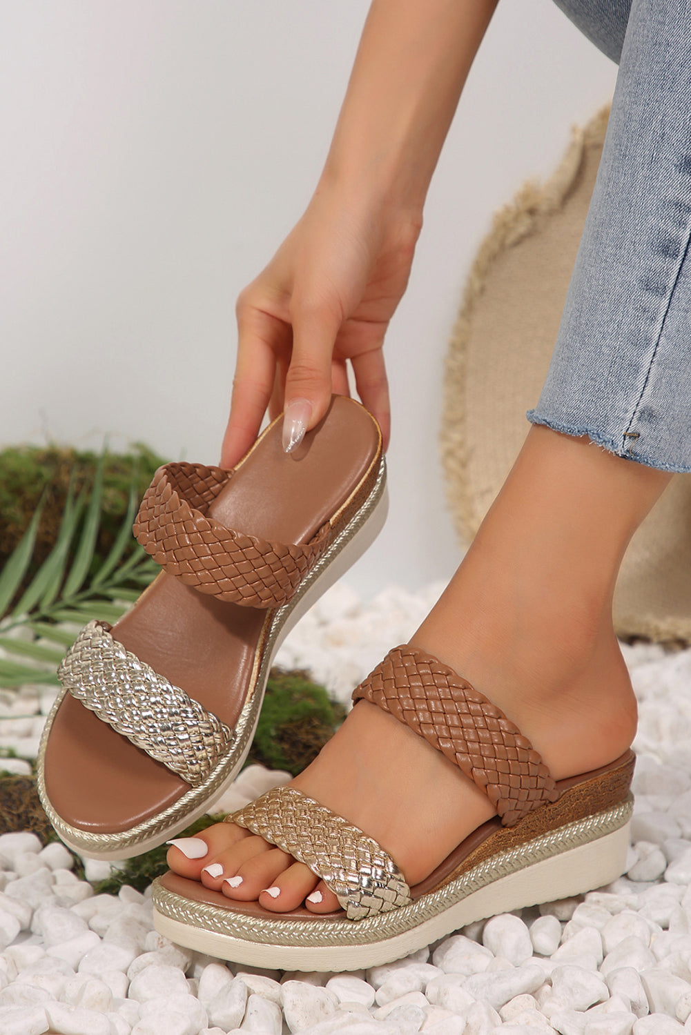 Gold Woven Two Band Color Block Wedge Slippers