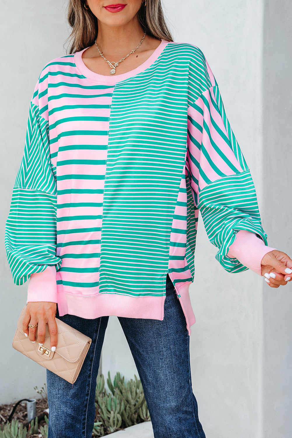 Stripe Colorblock Patchwork Side Slit Sweatshirt