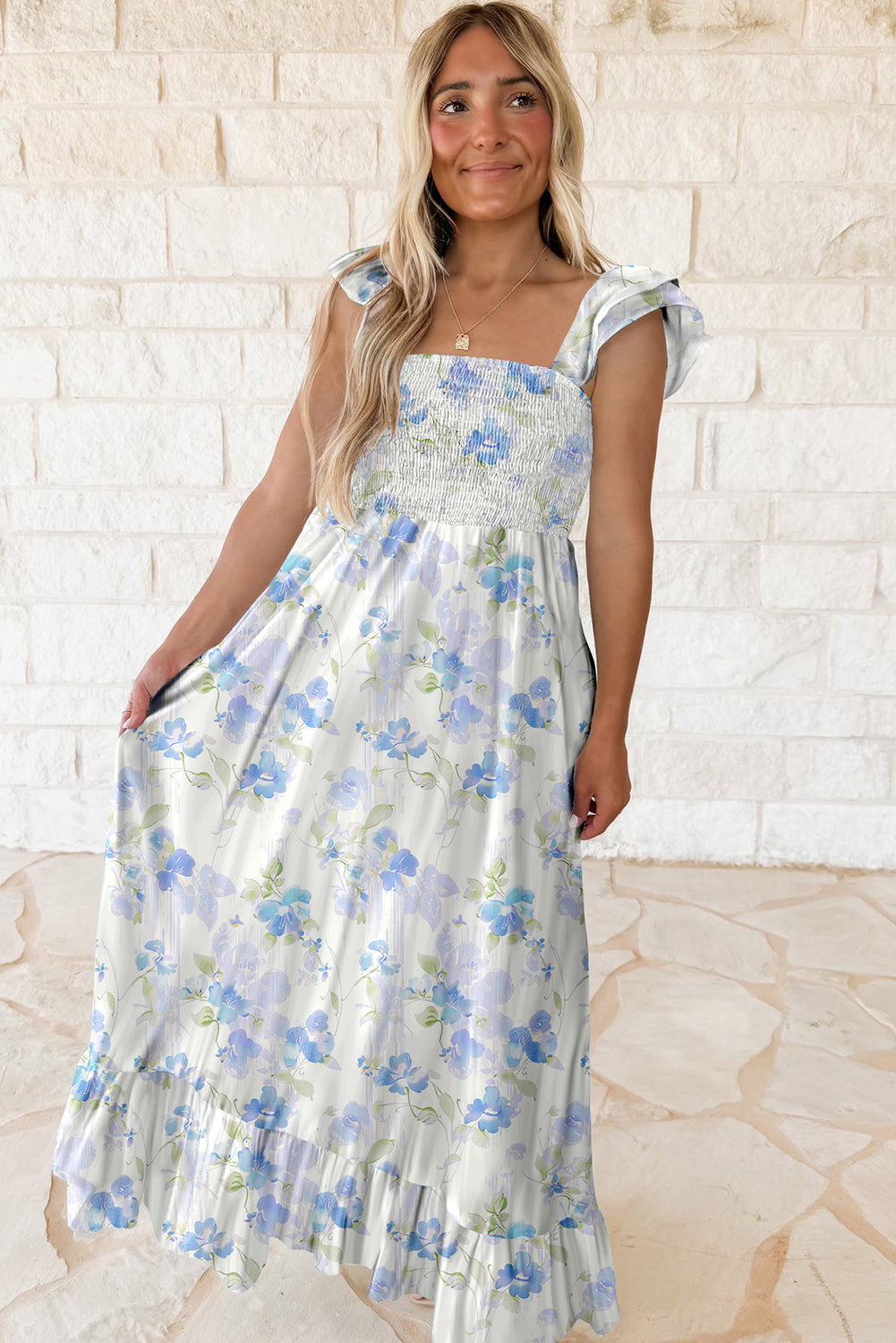 Sky Blue Floral Smocked High Waist Maxi Dress | Sleeveless