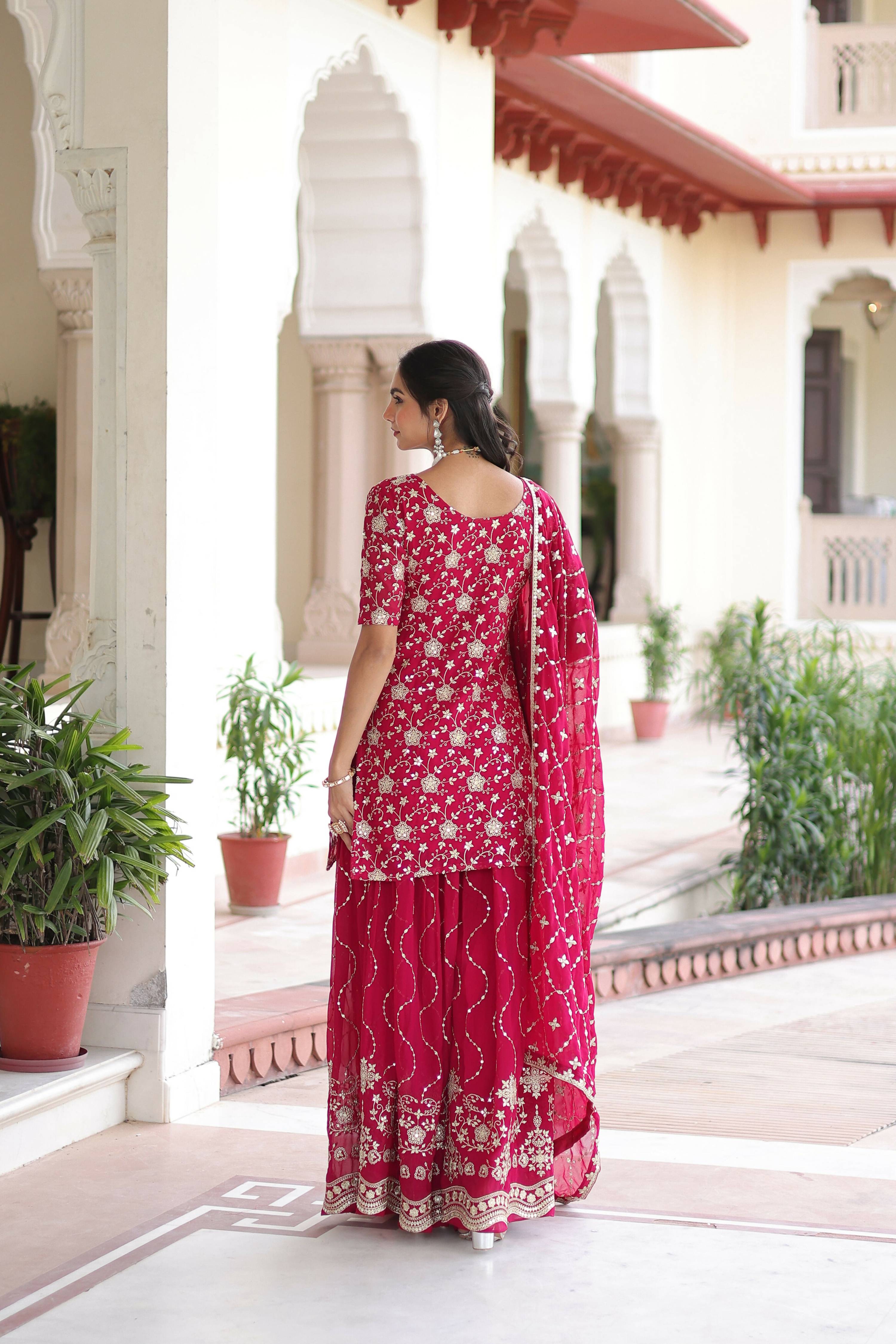 Pink Sequined Georgette Kurta Set with Ready-to-Wear Design
