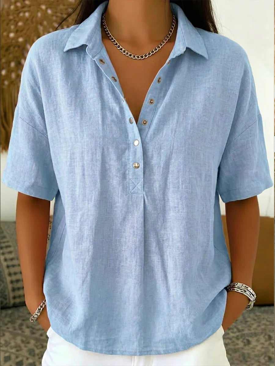 Women's Linen Short Sleeve Button Pullover Shirt