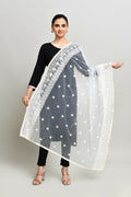 White cotton dupatta featuring intricate Pakistani Karanchi embroidery work
