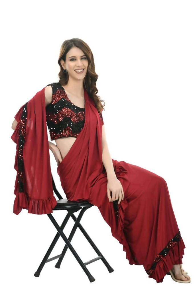 Olive Red and Black Ruffled Ready-to-Wear Lycra Saree