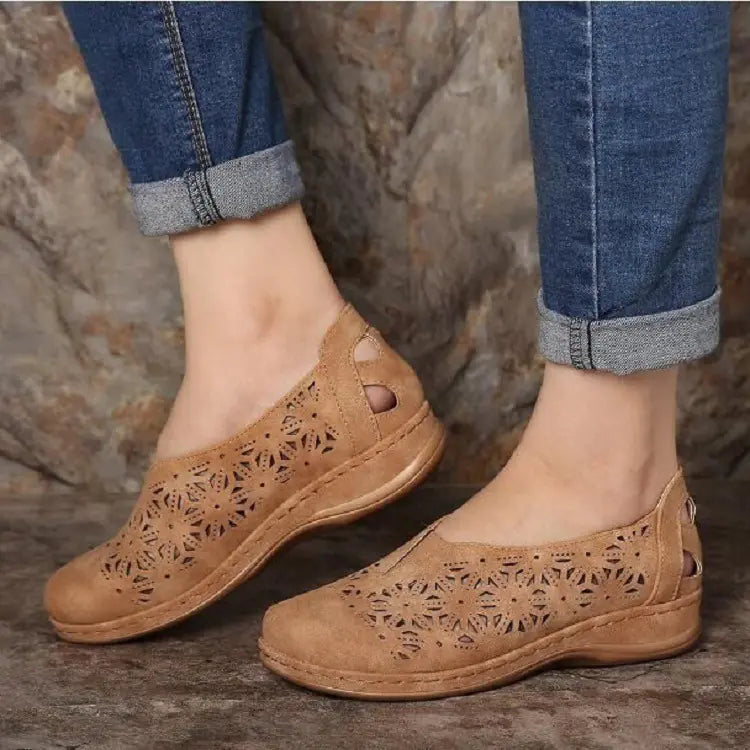 Women's Hollow Out Wedge Casual Shoes Tan Comfortable Walking Flats - Image 3