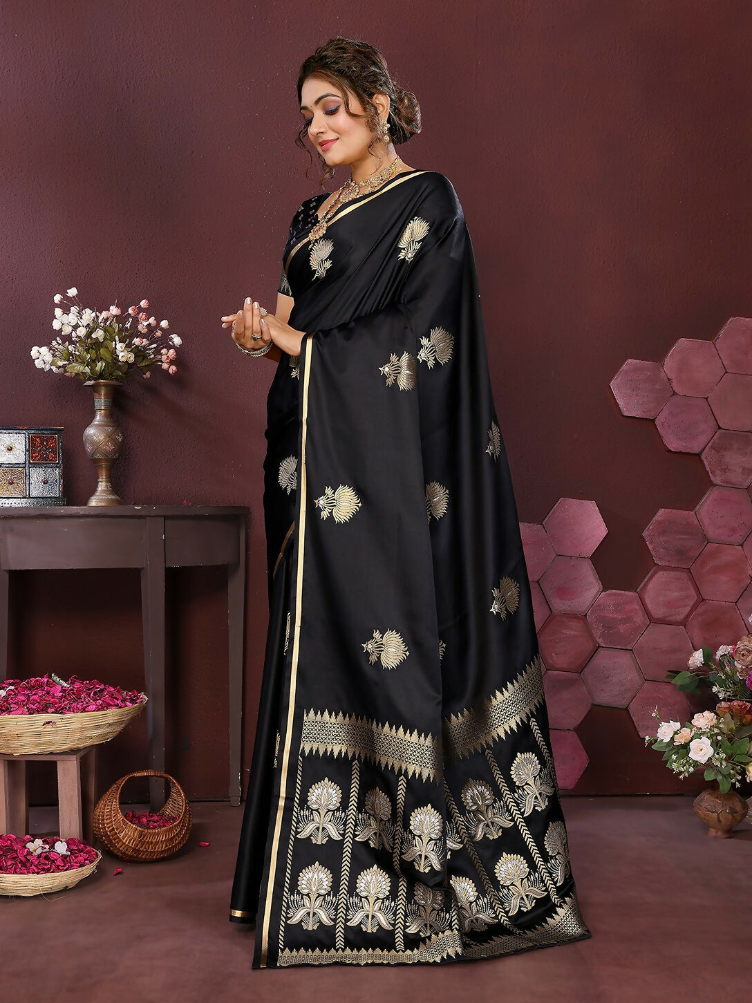 Black Floral Motif Banarasi Satin Silk Saree with Blouse