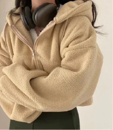 Women's Cozy Sherpa Zip Up Hoodie in Beige and Soft Pink - Image 15
