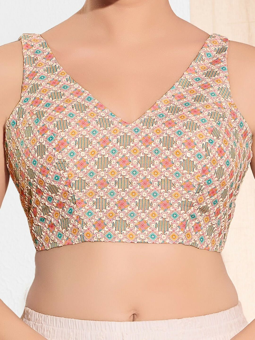 Joban Fashion Peach Jacquard Padded Blouse With V Neck Sleeveless