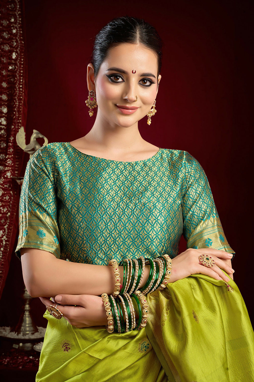 Joban Fashion Mustard Green Paithani Silk Blend Butti Saree